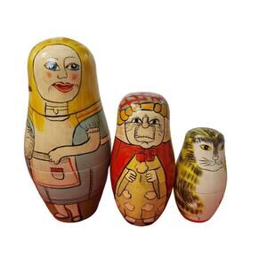 Vintage Set 3 Russian Nesting Dolls Unique Art Lady Bird Cat